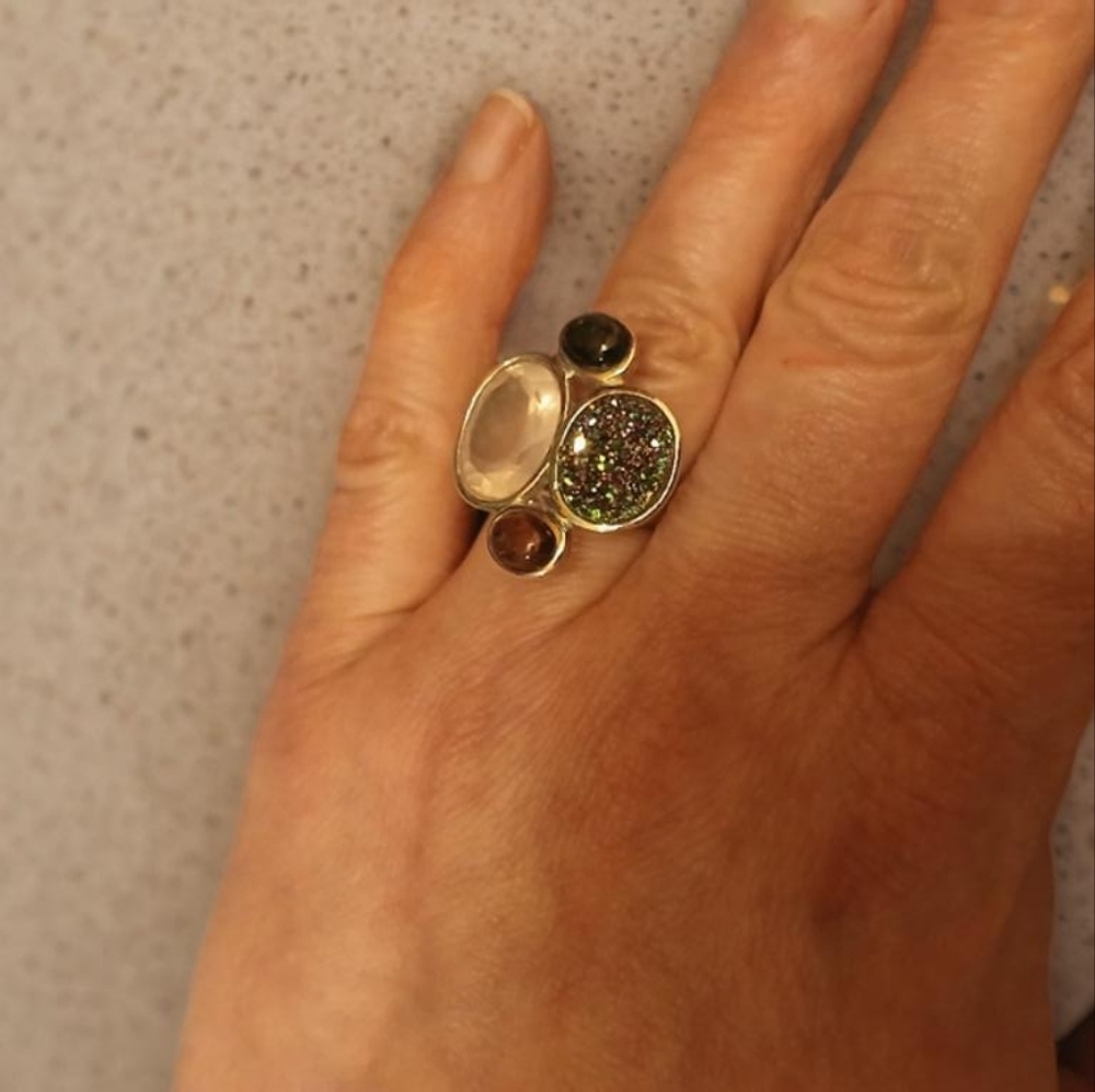 Pink & Green Tourmaline Druzy Quartz Cluster Statement Ring 925